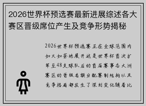 2026世界杯预选赛最新进展综述各大赛区晋级席位产生及竞争形势揭秘